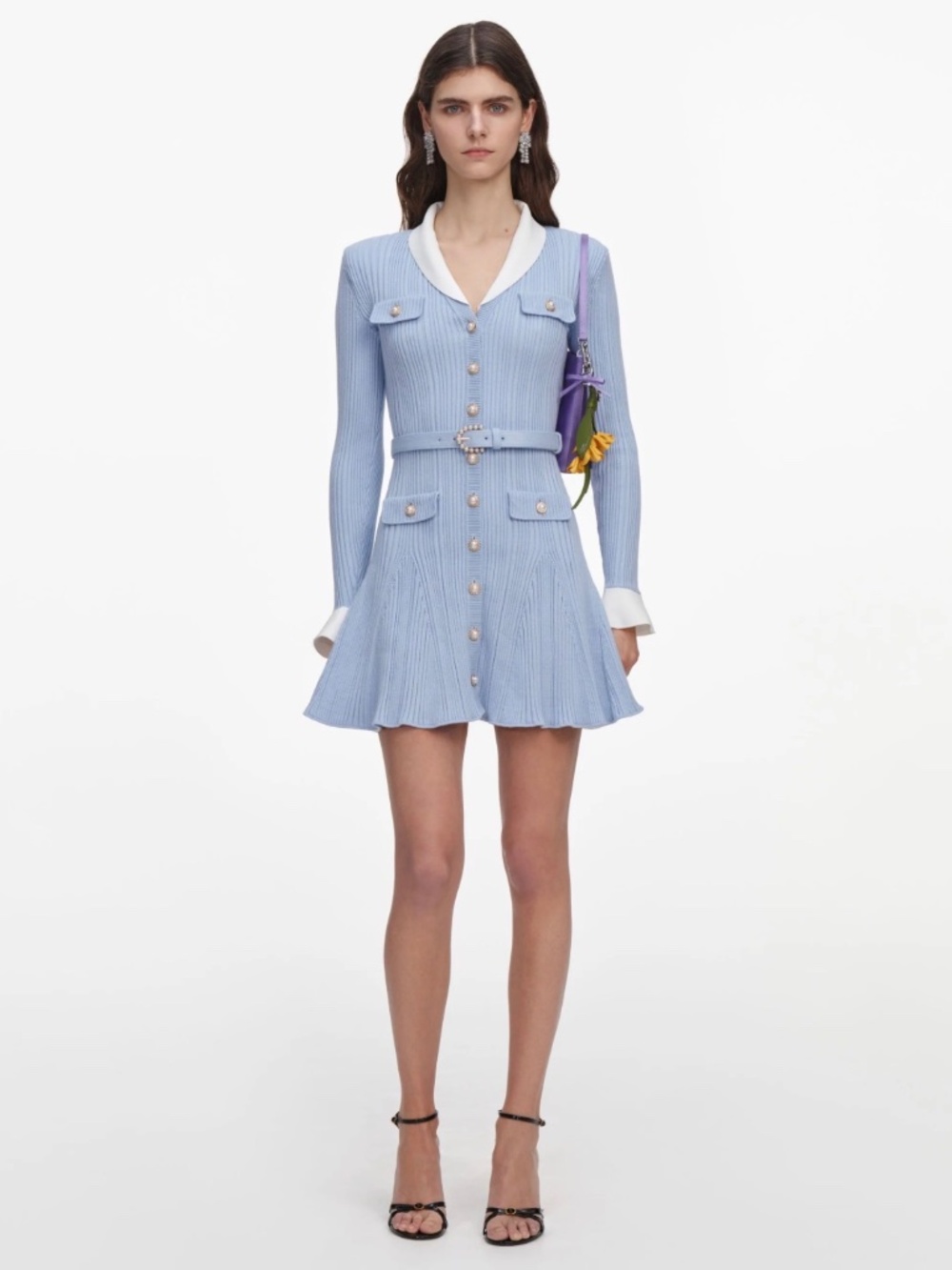 Self-Portrait BLUE RIBBED KNIT MINI DRESS